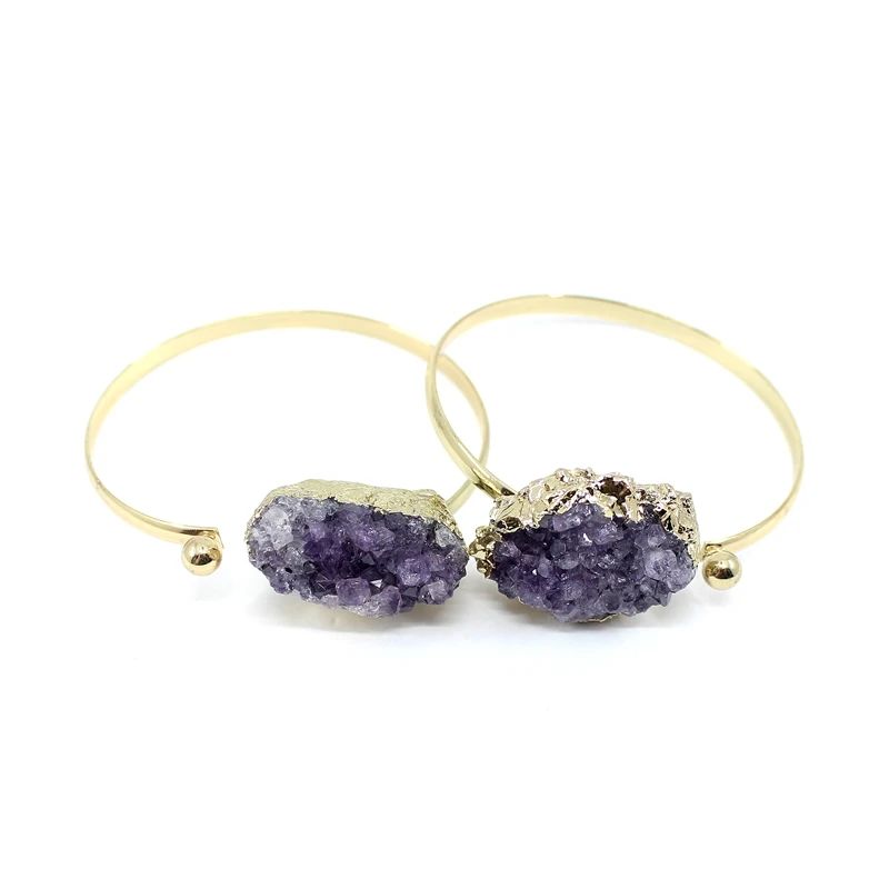 

Natural Stone Amethyst Adjustable Gold Copper Charm Healing Freeform Slab Open Cuff Fashion Bangle Bracelets For Women Jewelry