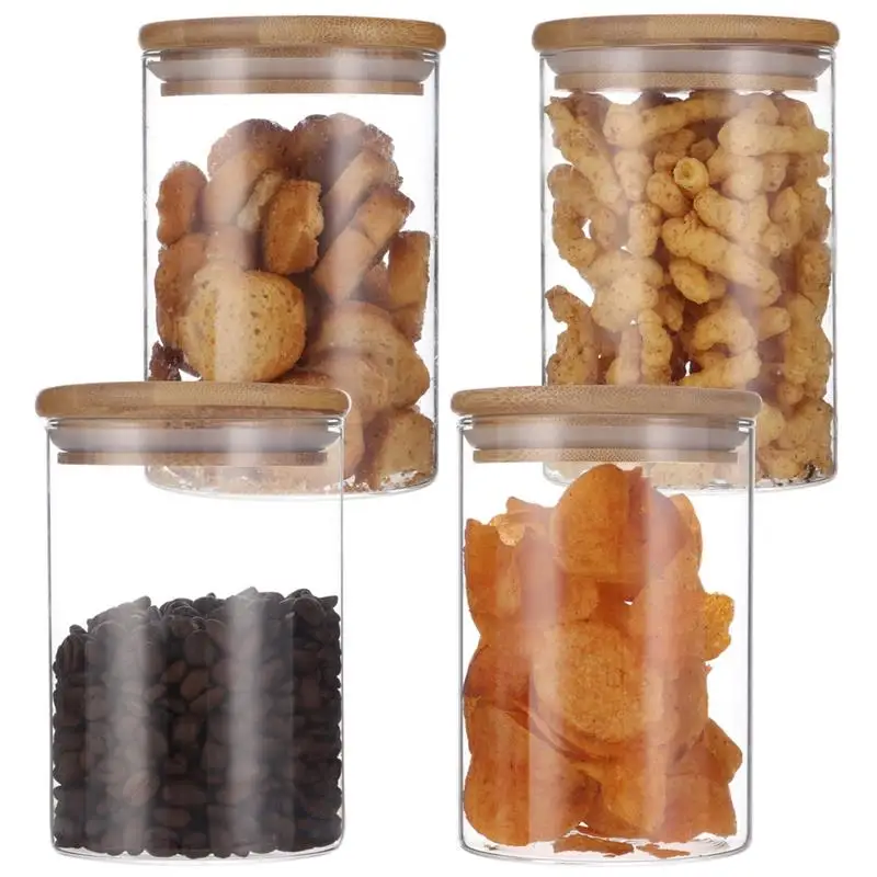 4Pcs Glass Storage Jars With Bamboo Lids 550ML Glass Canisters Airtight Food Storage Jars Clear Kitchen Food Organizer Container