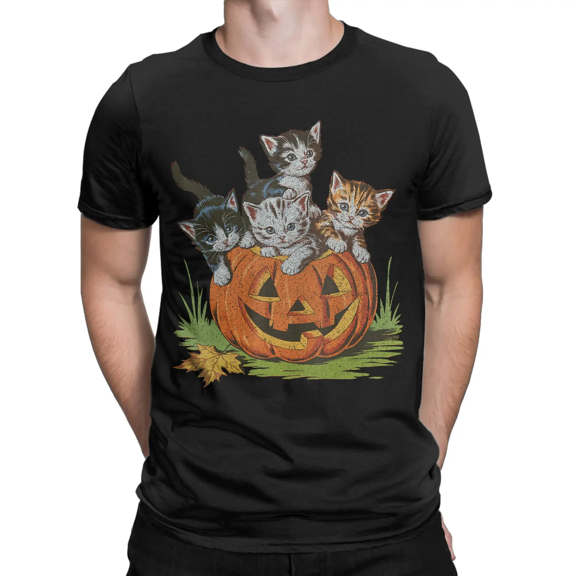Halloween Vintage 90s Cat T Shirts for Men Women Cotton T-Shirt Round Collar Pumpkin Spooky Season Tees Clothes Plus Size