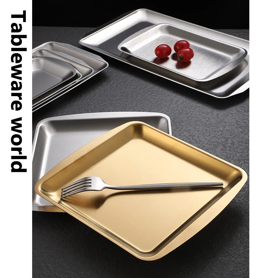 Thick Stainless Steel Gold Serving Plate Restaurant Fish BBQ Skewers Seafood Sushi Plate Rectangular Large Flat Storage Tray