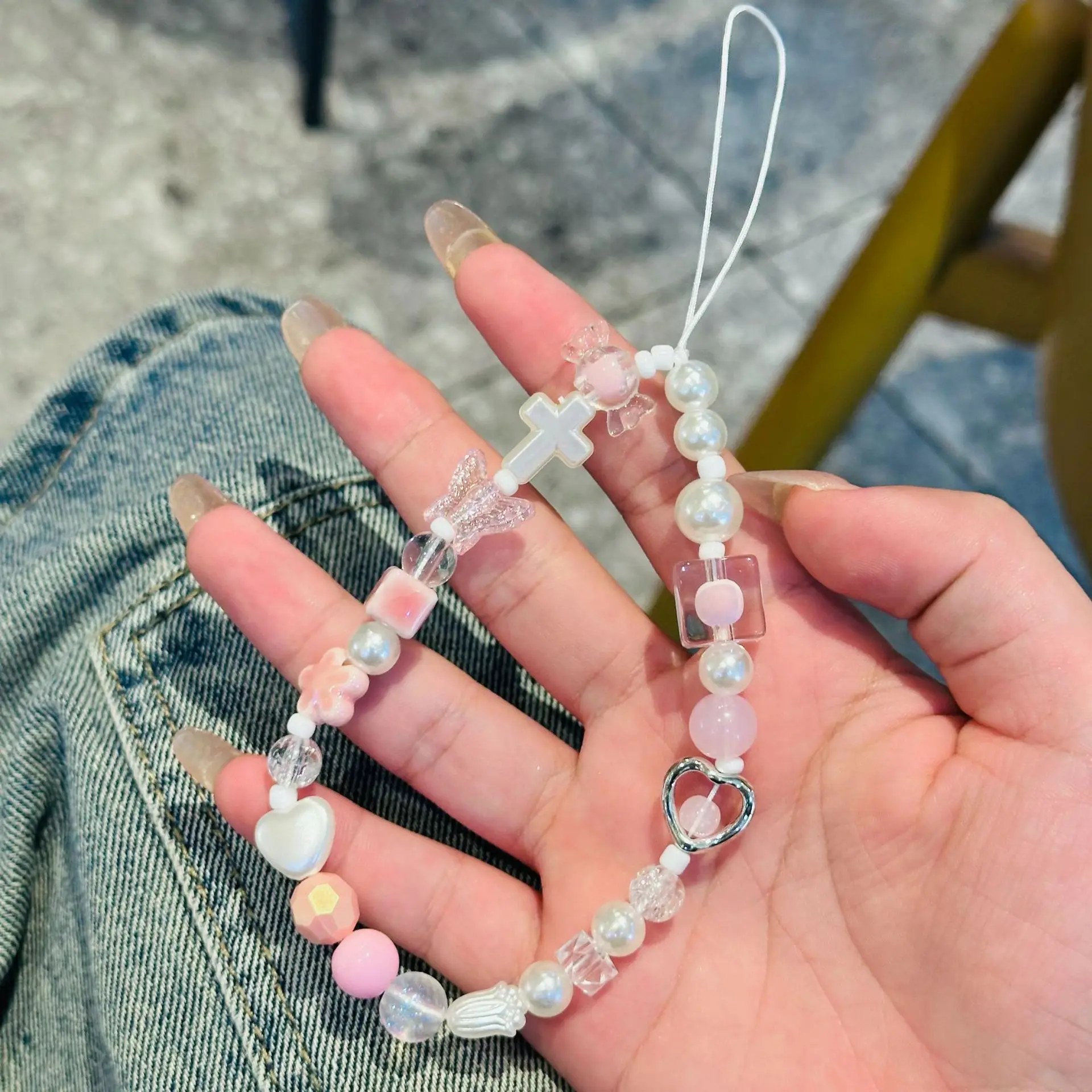 Gentle Pink Cherry Blossom Metal Heart Beaded Phone Lanyard, DIY Wrist Strap For CCD Camera & Phone Case