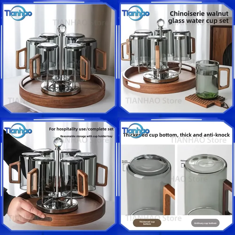 Premium Tea Cup Set with Infuser for Heatproof Glass Cups for Office Modern Tea Drinking Set with Wooden Tray Dishwasher Safe