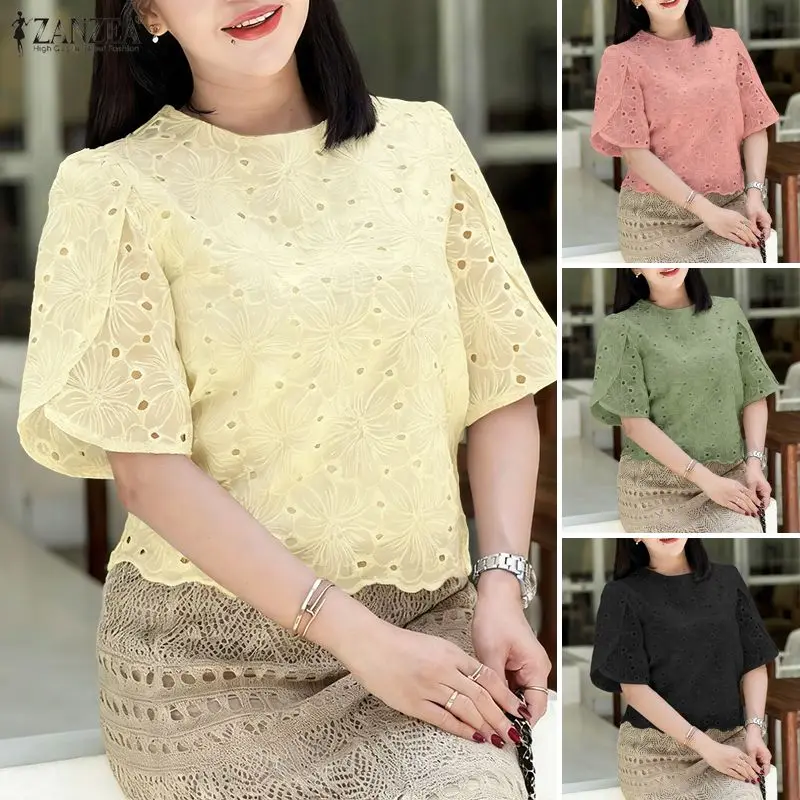 

Elegant Summer Hollow Out Blouse 2026 ZANZEA Women Embroidered Tops Short Petal Sleeve Lace Patchwork Shirt Slim Fit Work Blouse