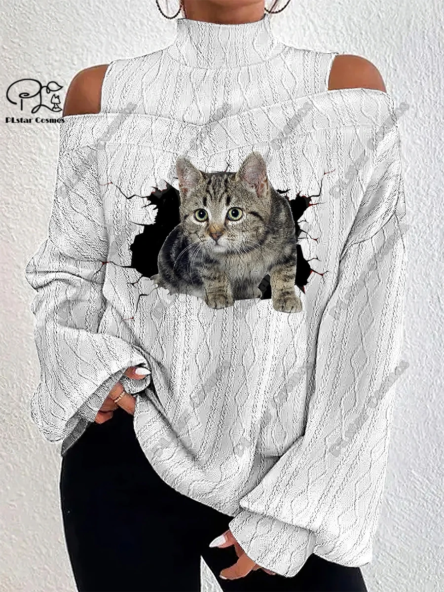 PLstar Cosmos 3D Printed Cat Pattern Women's White Lantern Sleeve Off Shoulder Cable Textured Top Casual Long Sleeve Everyday