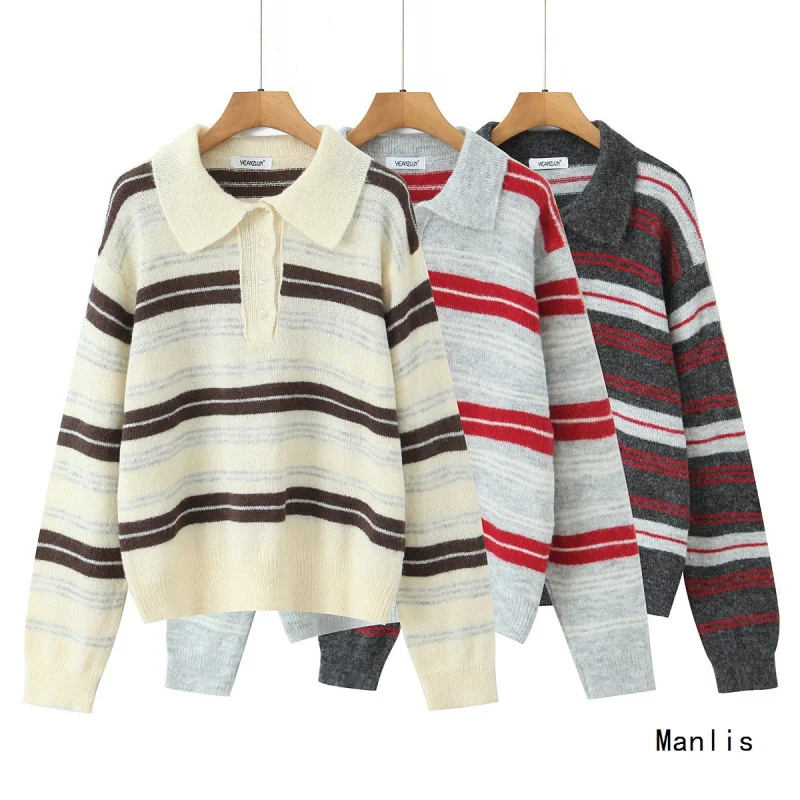 

Европа и Америка2025Новая модная винтажная женская одежда Свитер с воротником-стойкой вязаный топ