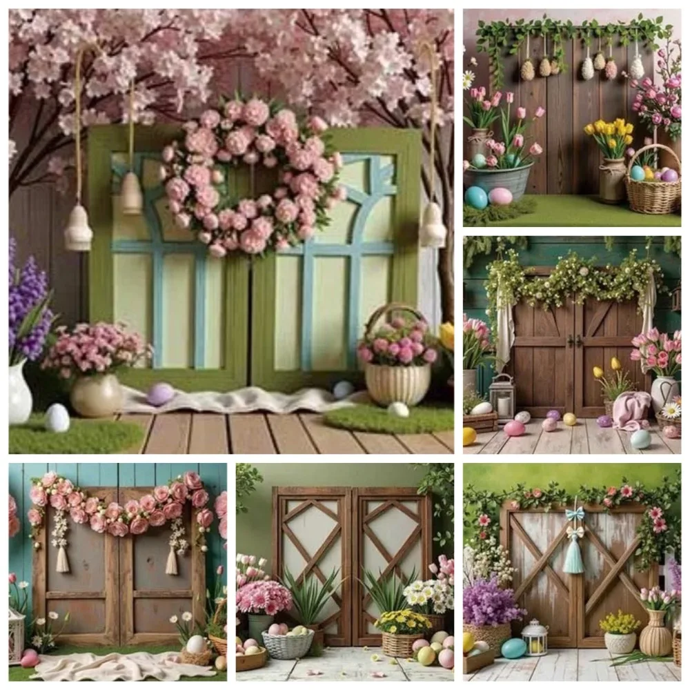 

Easter Wooden Fence Door Colorful Theme Banner Backdrop, Children's Birthday Party, Home Decoration Photography Studio Backdrop