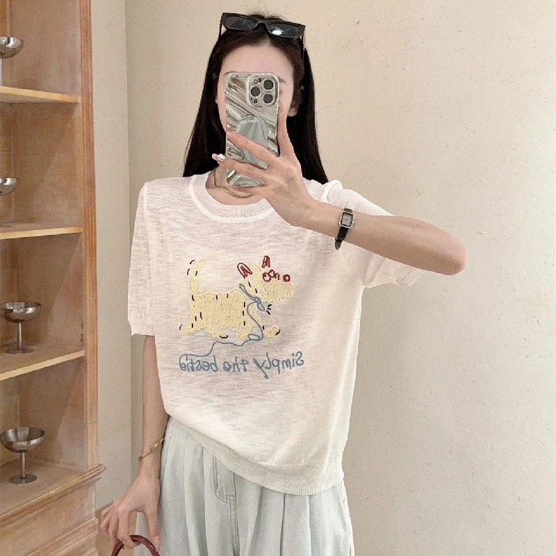 Cão bordado camisola de malha topos feminino 2025 verão manga curta o-pescoço camisetas pullovers moda casual coreano senhoras malhas