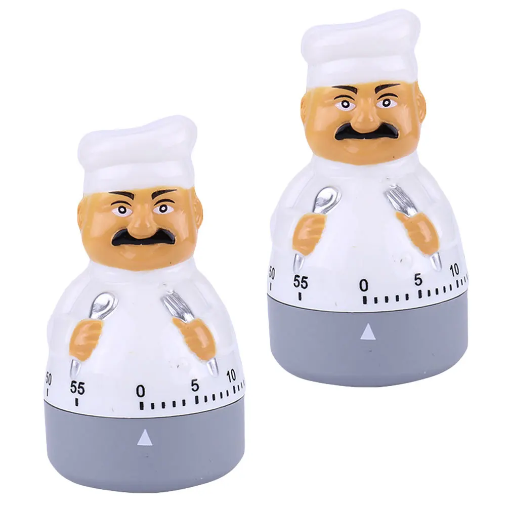 

2pcs Kitchen Timer Cartoon Chef Shape Mechanical Rotation No Accurate Scale Stable Base Cooking Baking Tool Household