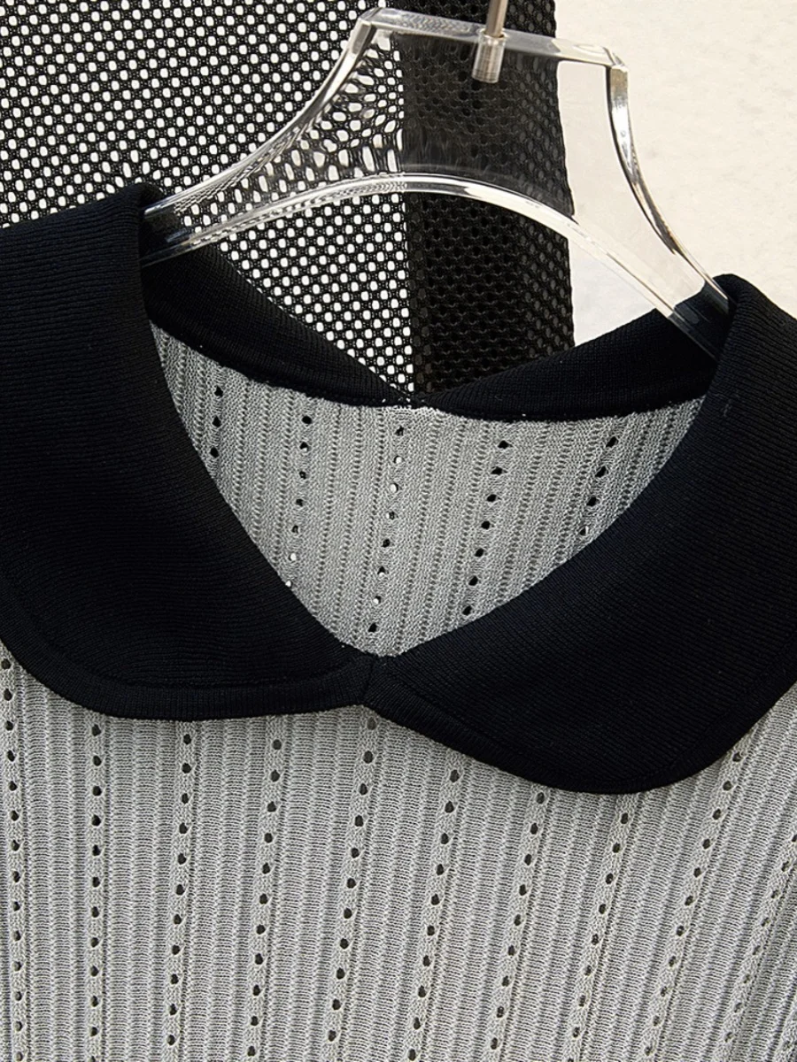 Large Size Women's T-irt Ice Silk ort Sve Knitted Hollow out Color Blo Doll Collar Faionable Summer Top
