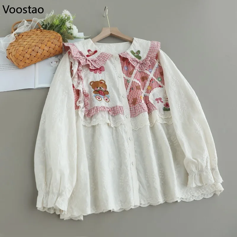 Mori Girl Sweet Lolita Style Shirt Women Kawaii Cartoon Bear Embroidery Bow Peter Pan Collar Blouse Female Cute Lace Ruffle Tops