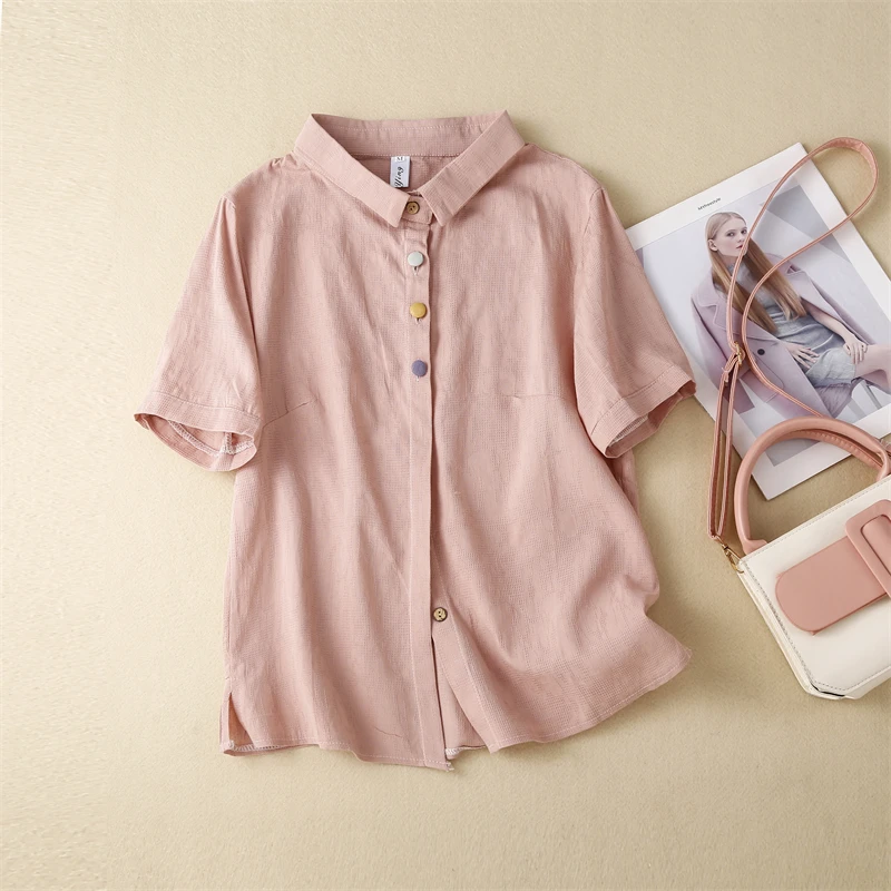 

Retro Japanese Cotton Linen ort Sve Women's Loose Bot irt Pure Color Summer Top Collar Button Detail