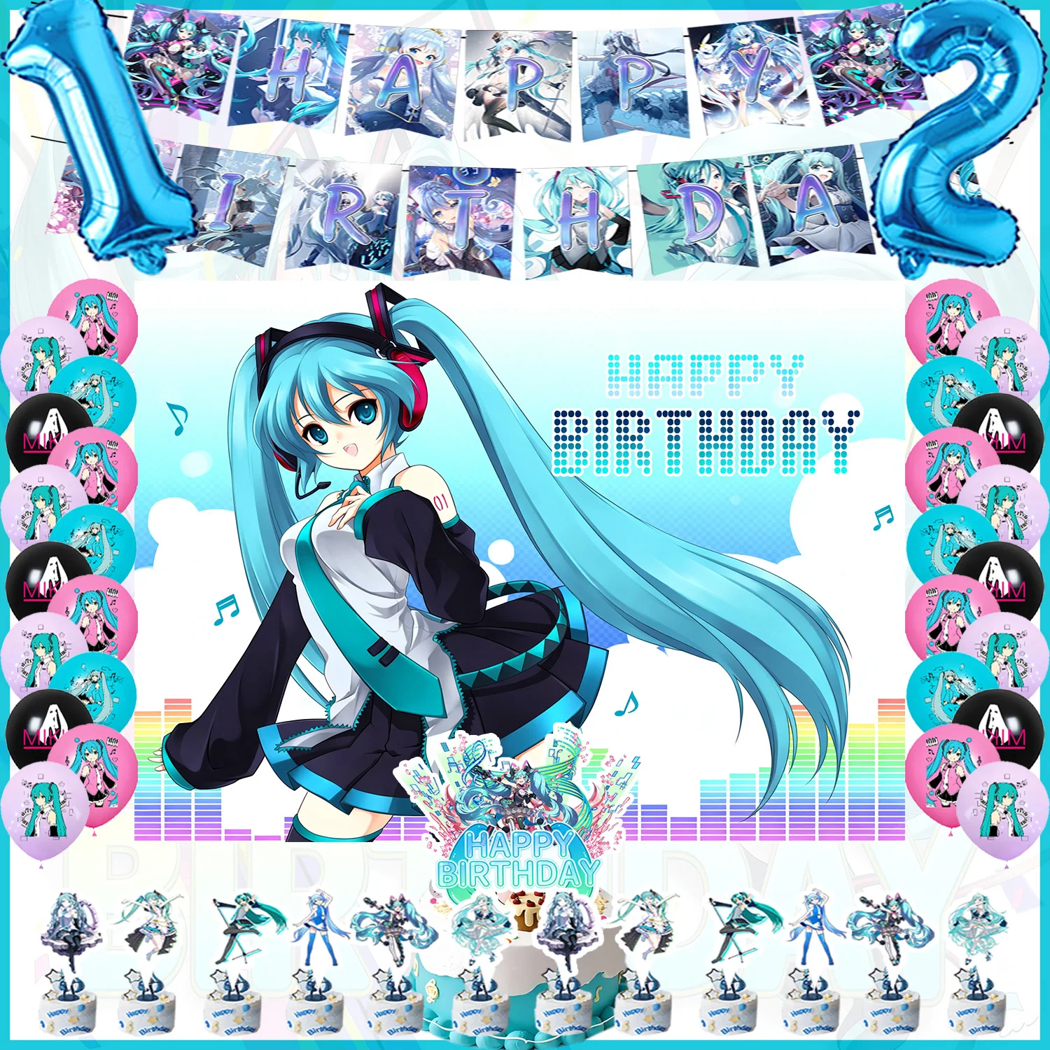 Set de Decoración para Fiesta de Cumpleaños con Temática de Hatsune Miku, Banner, Globos, Fondo, Adornos para Pastel, Regalos para Niñas