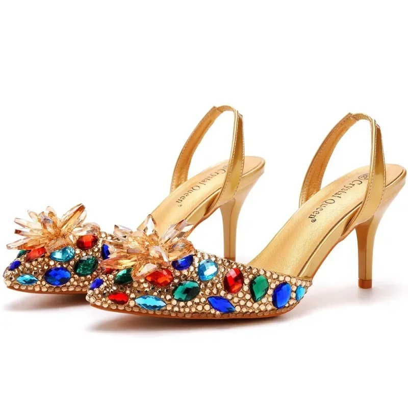 

Sexy Ankle Strap Sandals Women Party Rhinestone PU 7CM Thin Heels Buckle Strap Bride Wedding Banquet Dress Women's Shoes Gold