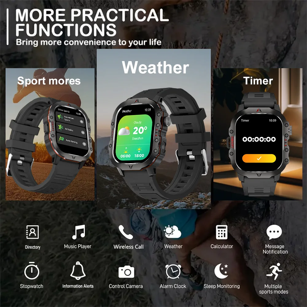 2024 New Smart Watch LED Flashlight Outdoor Sports HD Screen Bluetooth Call IP68 Waterproof Ultra Long Standby Smart Watch