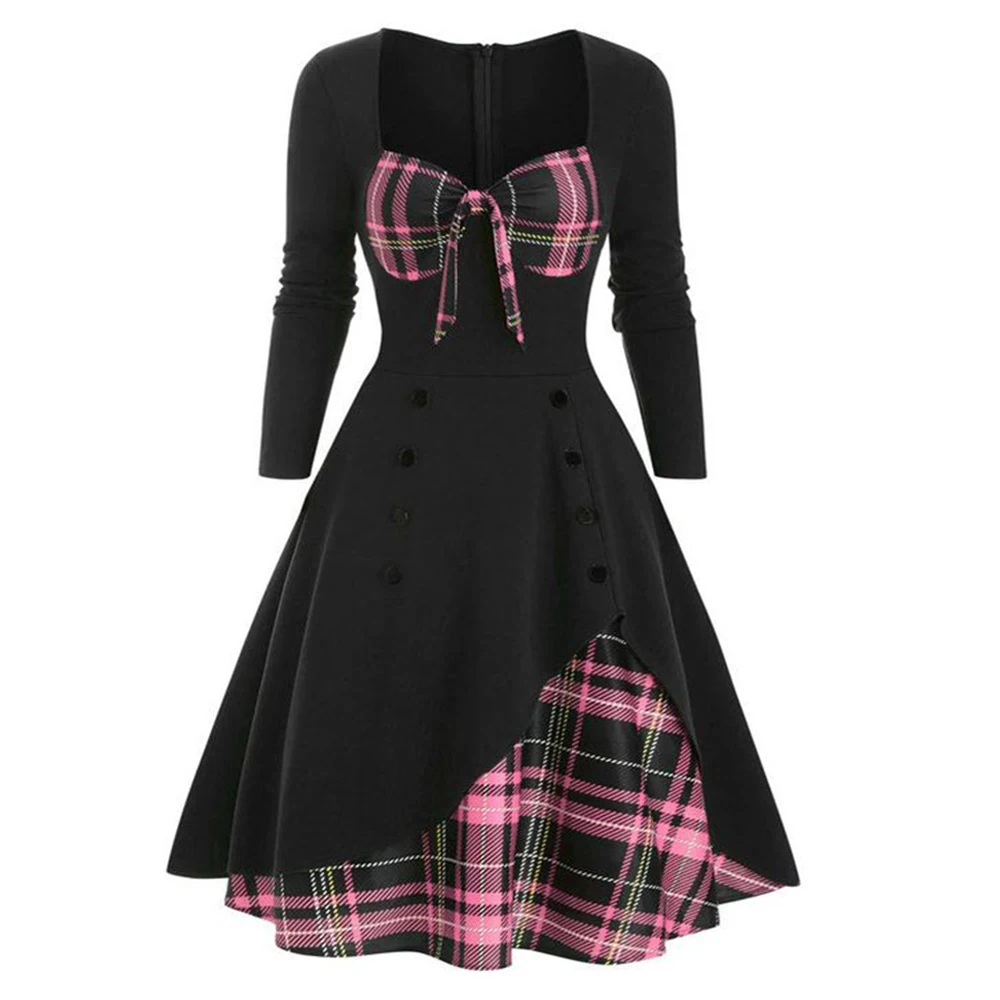 2025 Spring/Summer Women's Plaid Splicing Swing Dresses Gothic Vintage Double Breasted Button Long Sleeves Party Dress Vestidos
