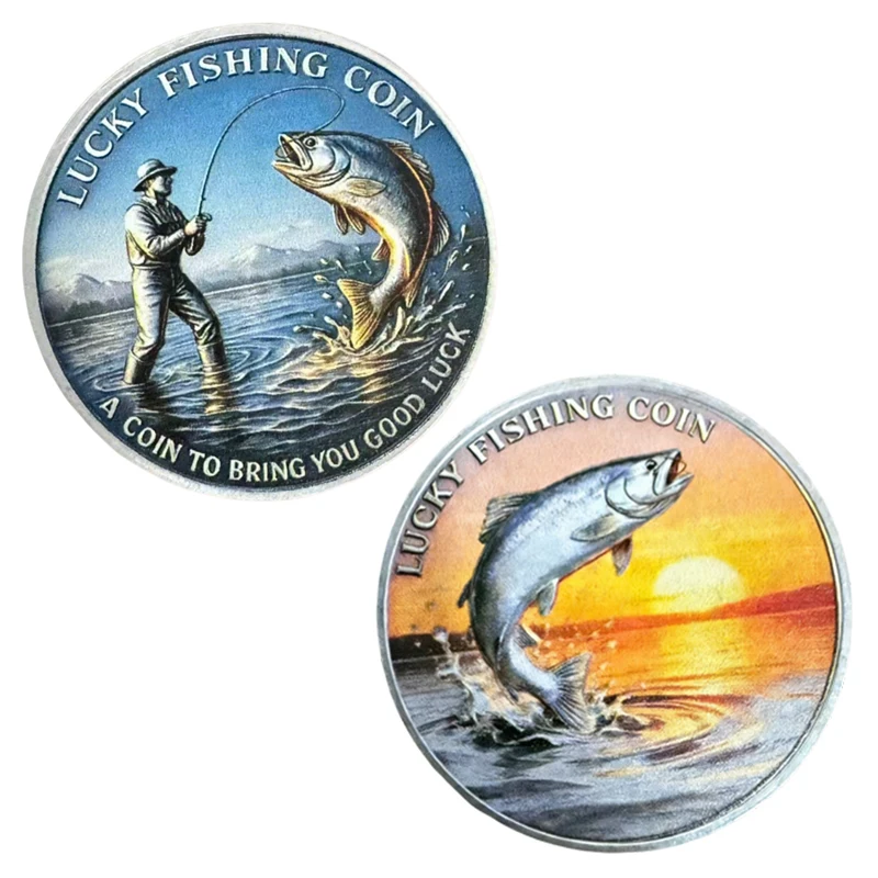 1pc 2D Printed Lucky Fishing Commemorative Coin Fisherman Good Luck Souvenir Collectible Coin Gifts for Anglers Fishing