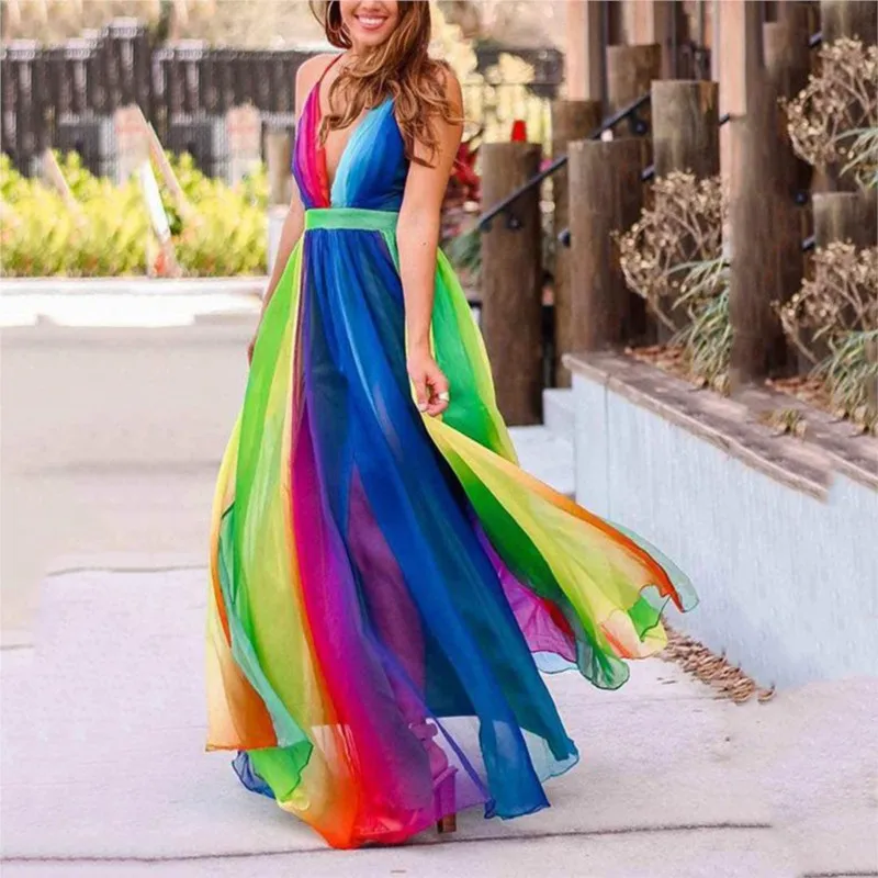 Rainbow Chiffon Spaghetti Strap Dresses Women Sexy Deep V-neck Backless Long Dress Fashion Elegant Ladies Evening Party Vestidos