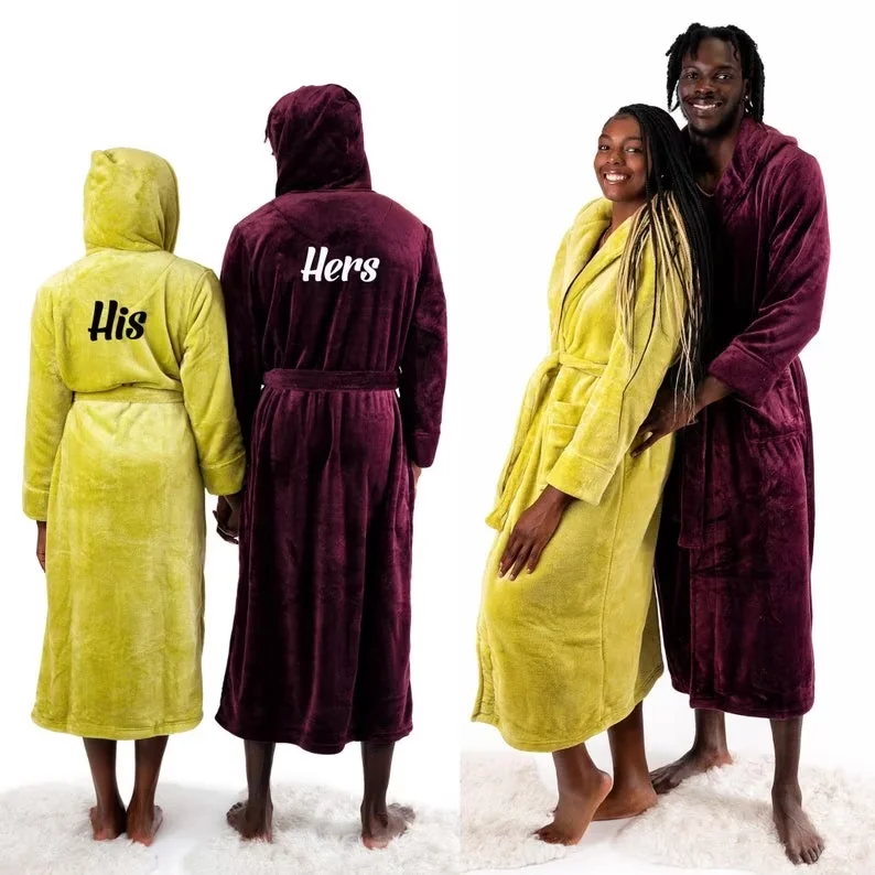 Custom His and Hers Long Bathrobes with Hoodies Honeymoon Gift Anniversary Groom and Bride Wedding Matching Couple Bathrobes