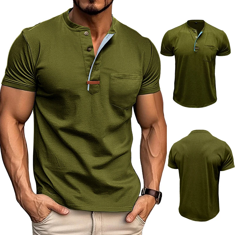 

2025 Henley Collar Summer Men Tops Casual Solid Color Short Sleeve T Shirt for Men Polo men High QualityMens T Shirts