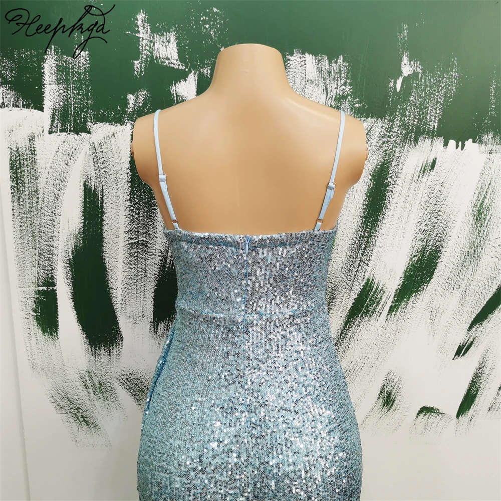 New Design 2024 Long Baby Blue Evening Dress Stunning Sequin Spaghetti Straps Mermaid Sexy Prom Party Gowns In Stock