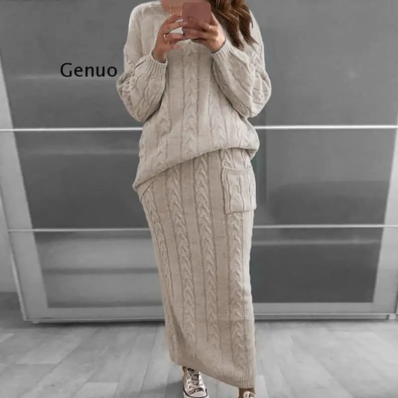 

Winter Women Knitted 2 Pieces Set Casual Solid Color Long Sleeve Pullovers Sweater Top Knitted Skirts 2PCS Suits Women Warm Sets