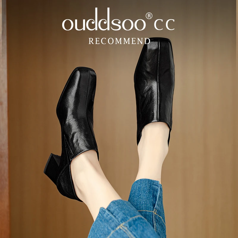 Ods Spring Genuine Leather Loafers Woman Shoes Chunky Heel Square Toe Shoes For Women Ladies Shoes Women Pumps Black High Heels image 6