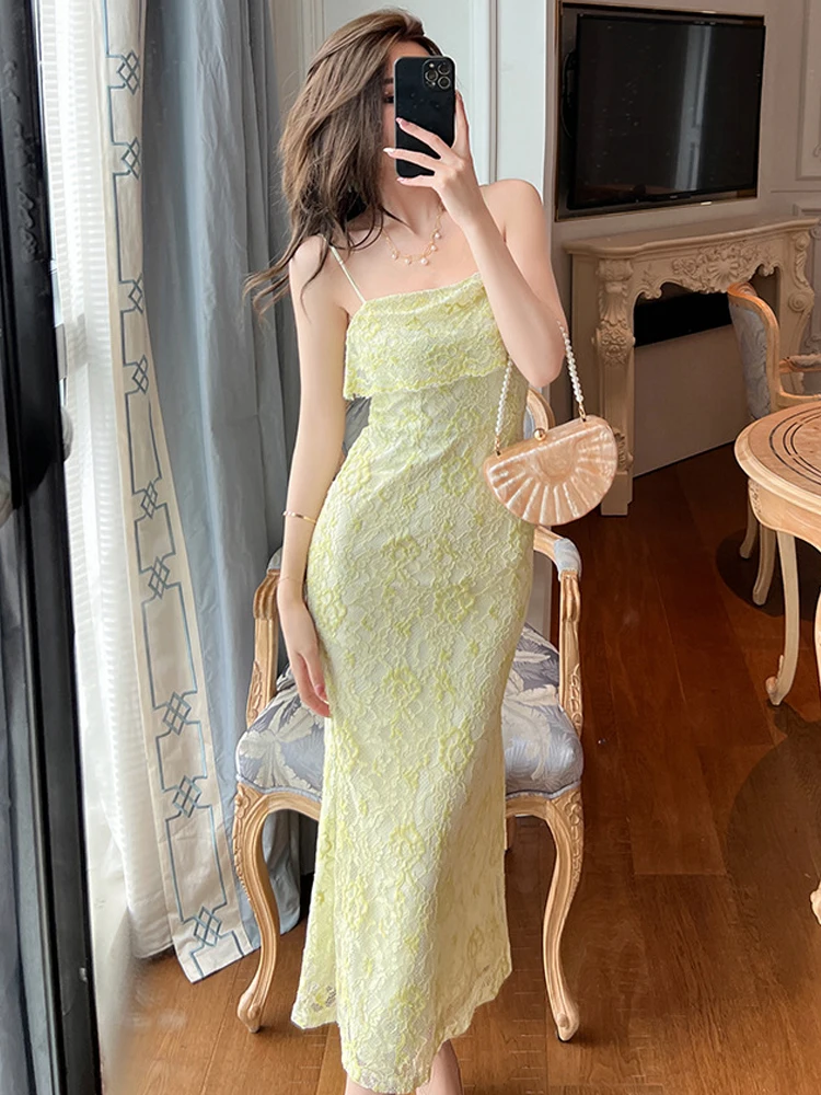 Women's Clothes Sweet Party Dress for Woman Elegant Vacation Green Lace Strap Ruffles Fishtail Robe Female Holiday Beach Vestido