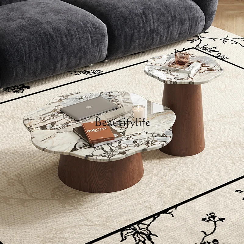 Marble Coffee Table Walnut Color Living Room French Retro Small Apartment