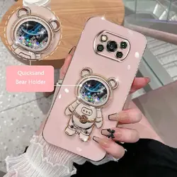 Phone Case for Xiaomi Poco X3 Poco X3 Pro Poco X3 NfC Luxury Plating Quicksand Cartoon Bear Fold Stand Phone Case Cover