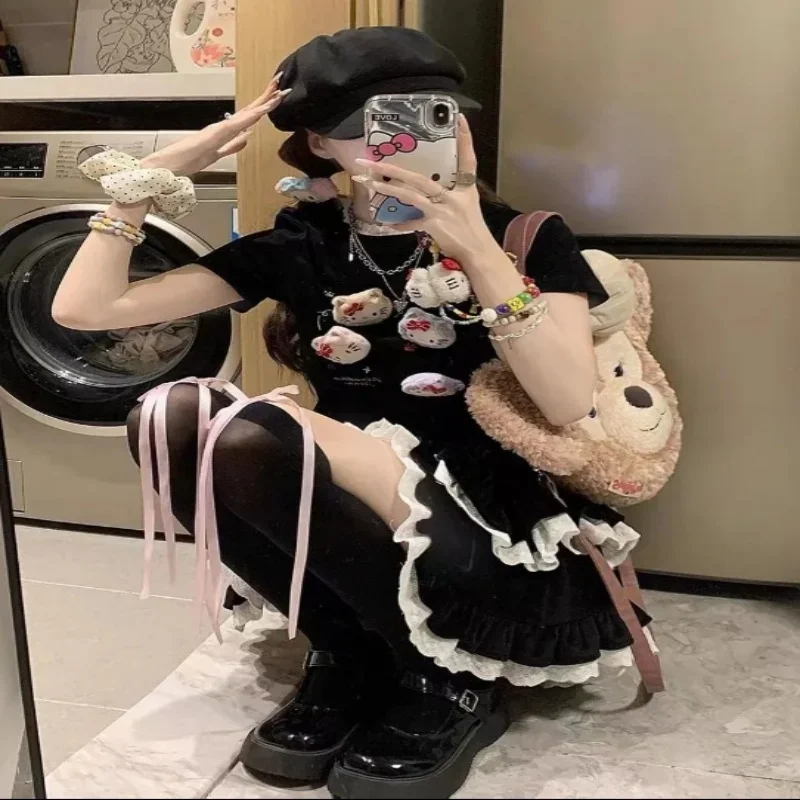 

Summer lovers Slimming Street Cropped T-shirt Cake Skirt Set Kt Cat Sweet Spicy Pure Desire Short Sleeves Puff Skirt