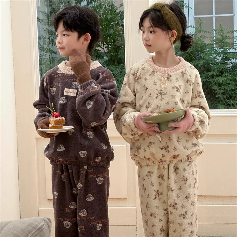

Children's Flannel Sets Girls Fleece Suit Boys Warm Winter Outfits Autumn Thicken Pyjama Pants 2Pcs Kids Cartoon Casual Homewear