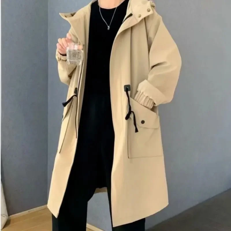 2025 Spring Autumn Army Green Windbreaker Fashion Men Mid-length Casual Hooded Coat Men Daily High Street Overcoat Male Clothes