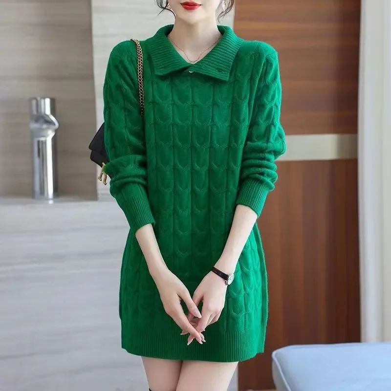 

2026 Autumn Winter New Chic Warm Knitted Sweater Dress Women's Outer Wear Loose Mid-Length High Neck Thick Warm Sweater Jacket