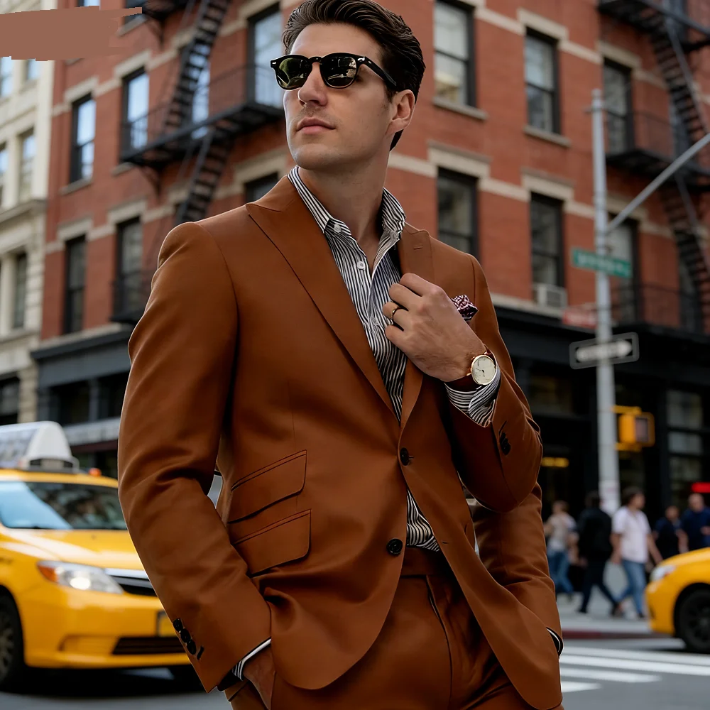 

Solid Man Double-breasted 2 Piece Suit Peak Lapel Wedding Business Casual Graduation Outfit Set for Men