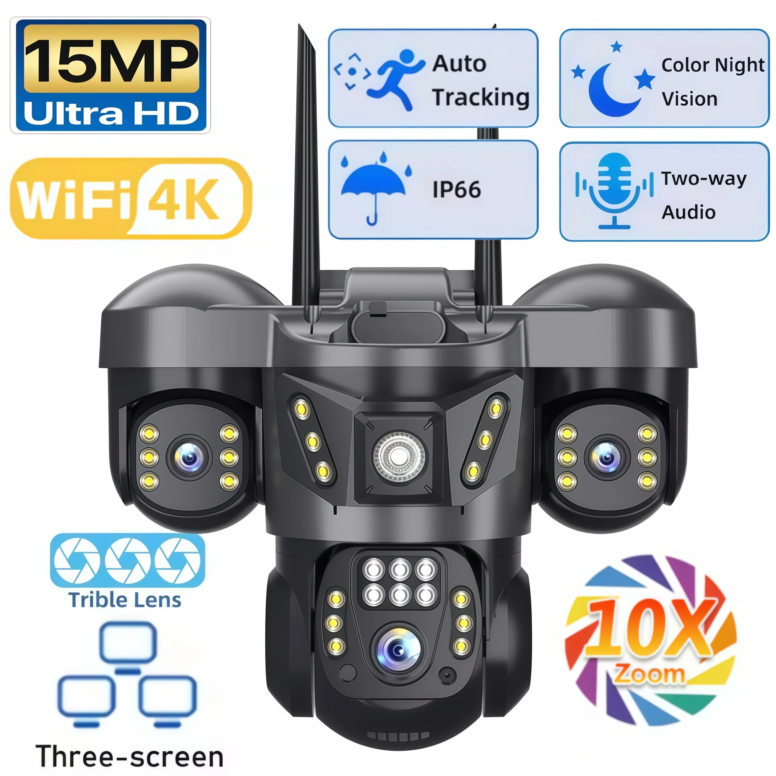 

WIFI 15MP Three Lens IP Camera Outdoor Auto Human Detection Video Monitor CCTV Three Screen Surveillance security system