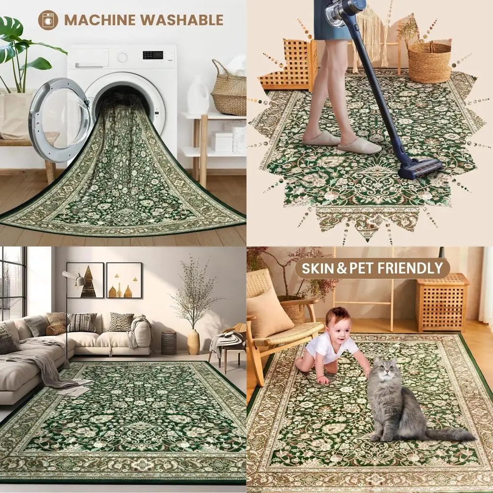 Vintage Cyan Boho Rug, 6x9, Washable & Non-Slip for Living and Dining Rooms