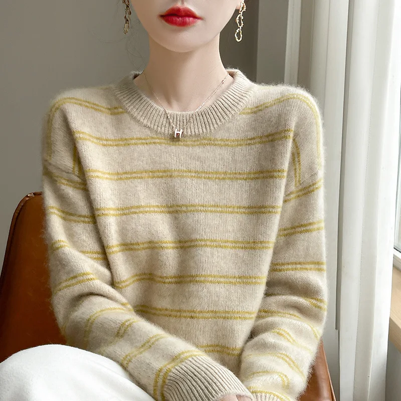

Autumn Winter New Striped Wool Sweater Women, Round Neck, Seven-Needle Loose Thick Pullover, Long Sleeve Knitted Base S