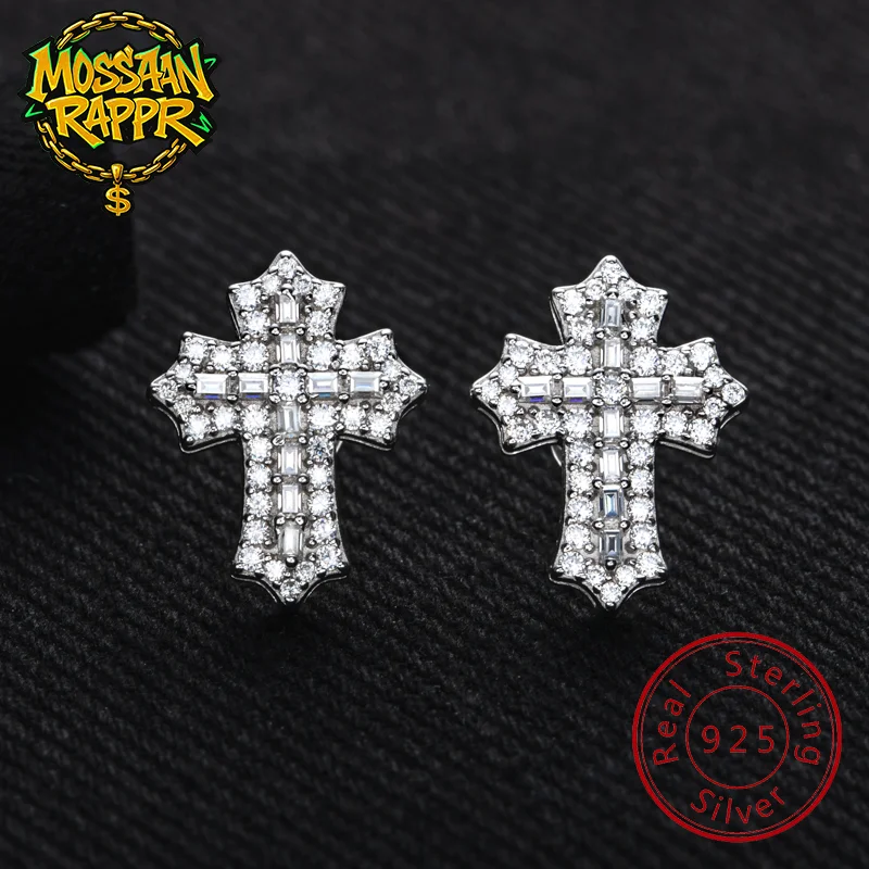 MossanRappr 1.0cttw Moissanite Iced out Cross Stud Earrings 925 Sterling Silver D Color Elegant and Fashion Jewelry for Men