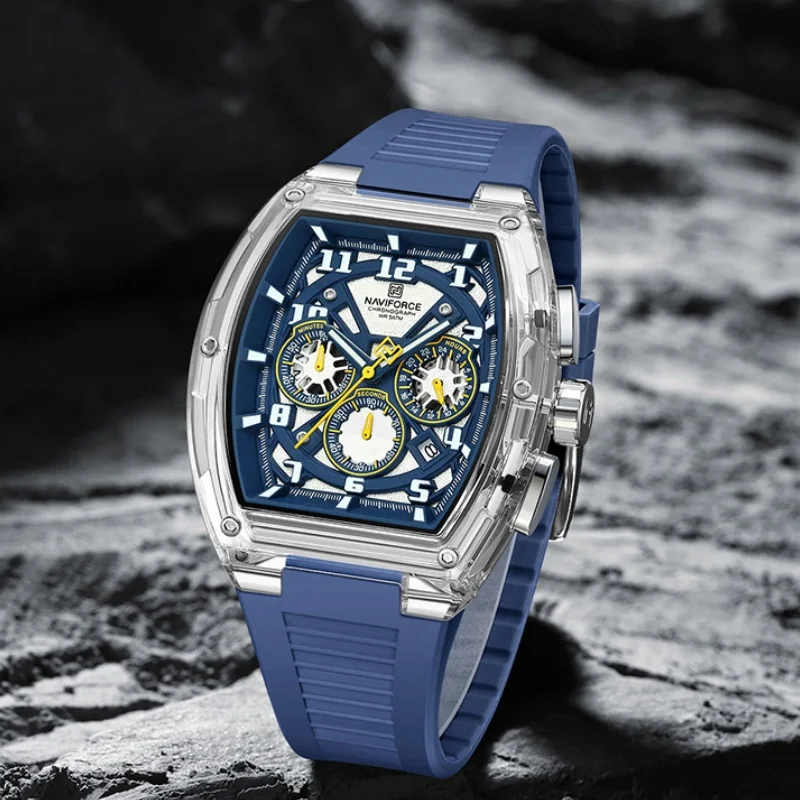 

NAVIFORCE Man's Quartz Watch 50M Waterproof Multifunction Luminous Barrel Dial Male Casual Sports Wristwatch Tech Stylish NF6118