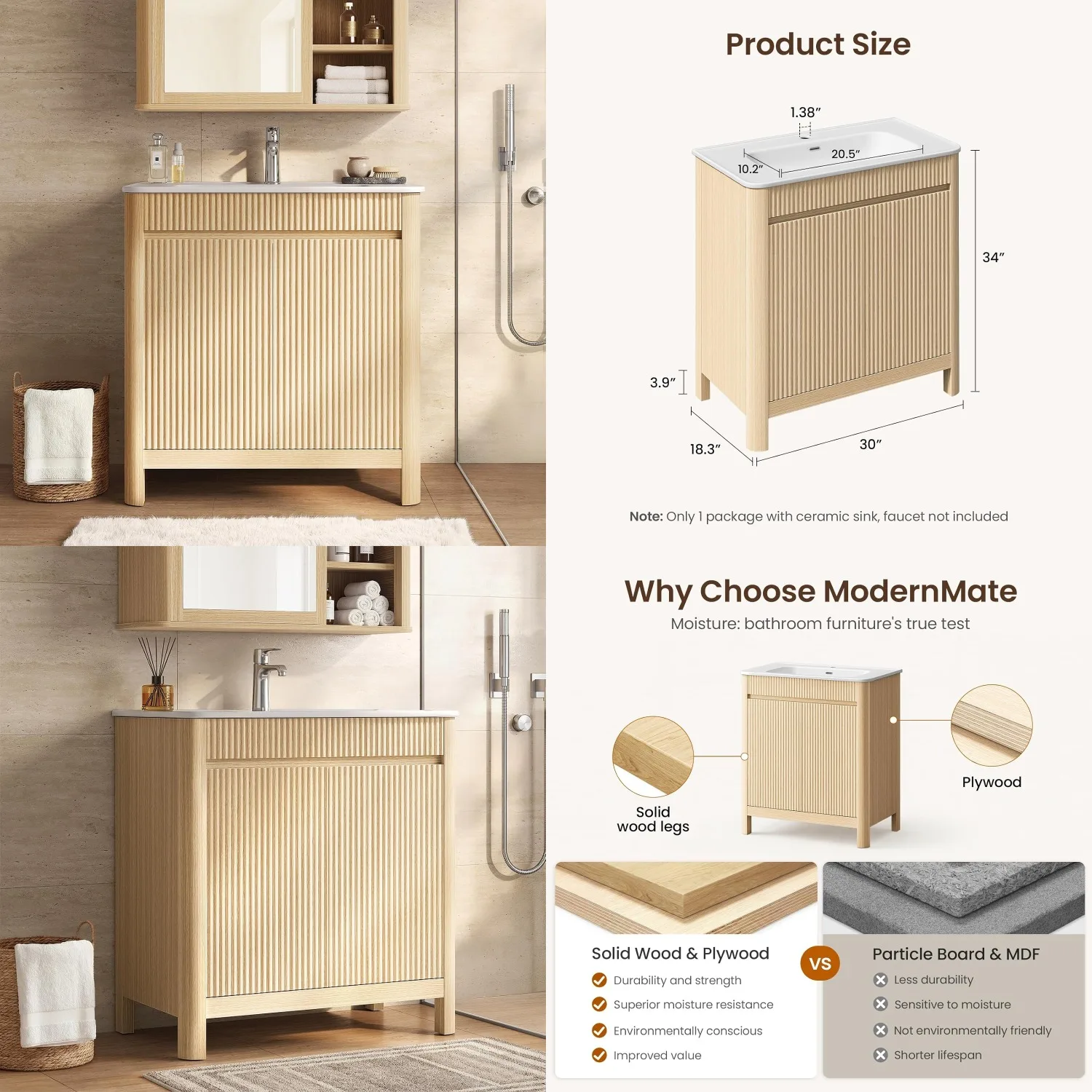 

30" Freestanding Vanity Sink Solid Wood Fluted Panel Adjustable Soft Close Oak, Customized