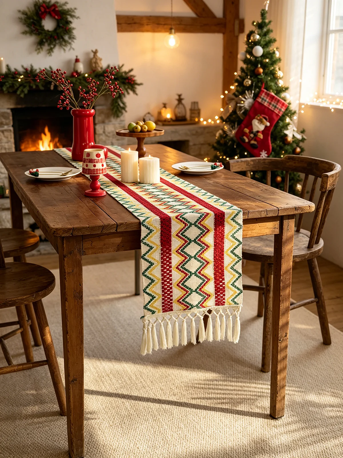 1pc Boho Style Hand Woven Table Runner, Tassel Decor, Christmas Home Table Ornament, Fit Boho Dining Bedroom, Farmhouse Decor