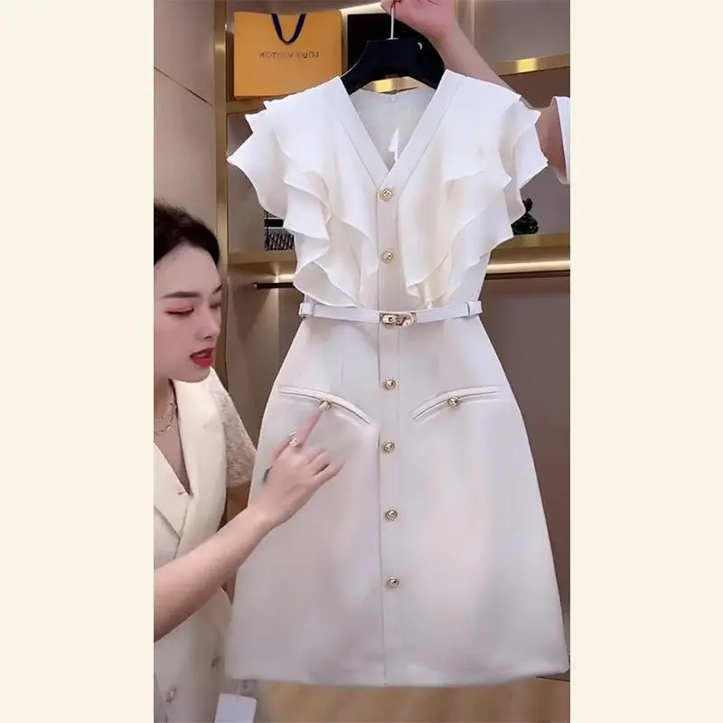 

Fake two-piece white dress female summer high sense ruffled V-neck A-bag hip skirt temperament socialite high sense