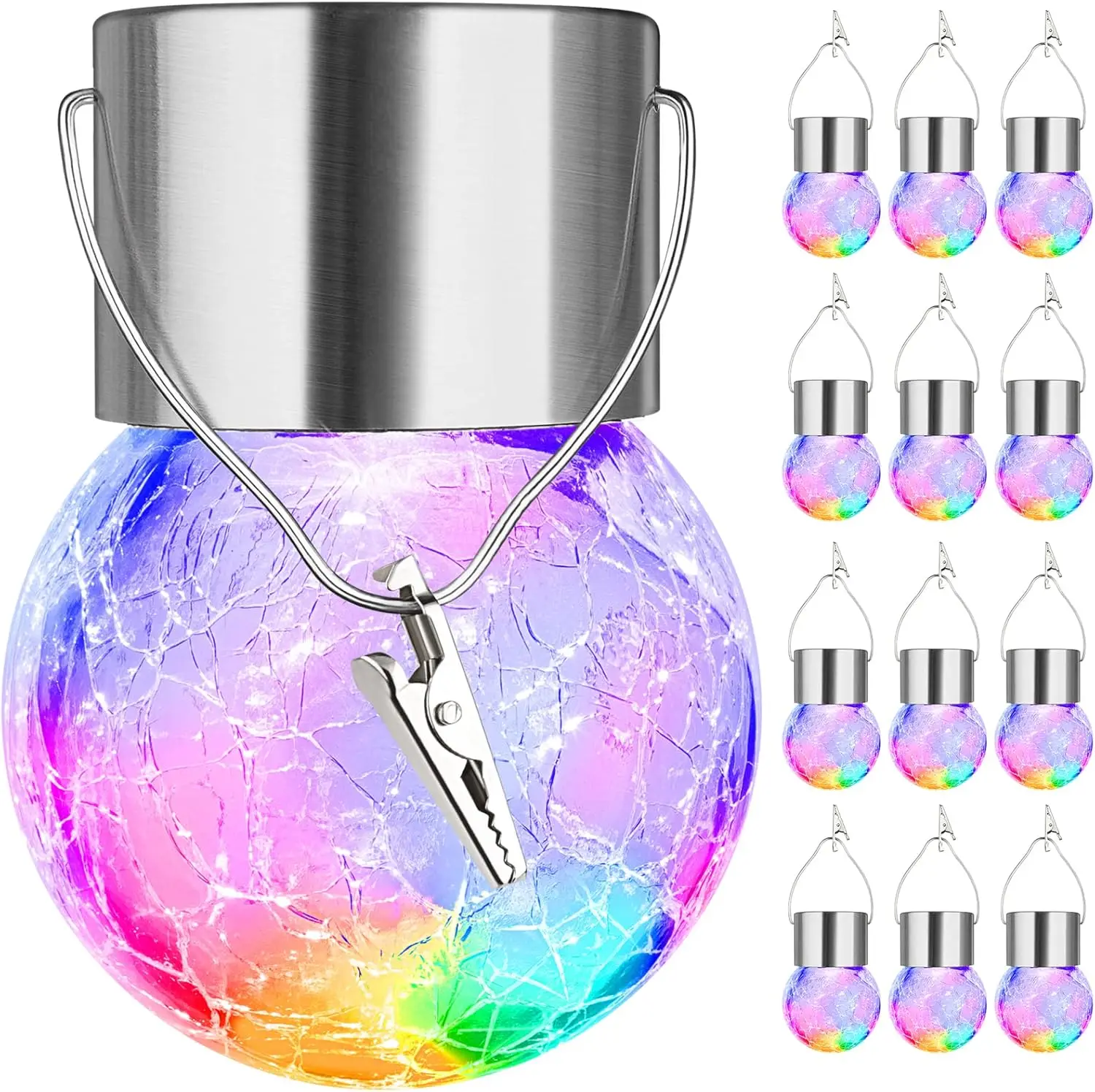 

Набор из 12 солнечных подвесных светильников, дизайн треснутого стеклянного шара, многоцветный водонепроницаемый светильник для сада и дерева