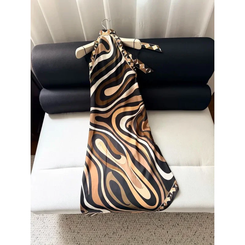 2026 Women Hanging Neck Brown Vortex Pattern Wrapped Irregular Hem Sex 100% Silk Long Dress