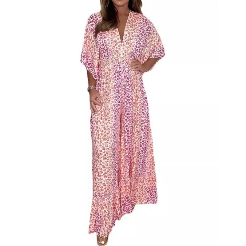 夏のヒョウプリント女性ジャンプスーツ V ネック半袖ワイドレッグパンツスーツ女性のファッションカジュアルルーズセット服女性の衣装