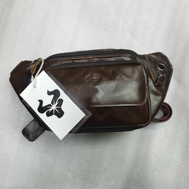 Men's Genuine Leather Sport waist Bag Casual Retro 7.9-inch Mobile Phone Bag Multifunctional Anti-Theft Crossbody Bag