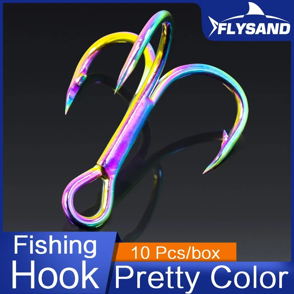 FLYSAND 10Pcs/Box Treble Fishing Hook Stainless Steel Saltwater Freshwater Colourful Rainbow Anchor Three Hooks #4 #6 #8 #10