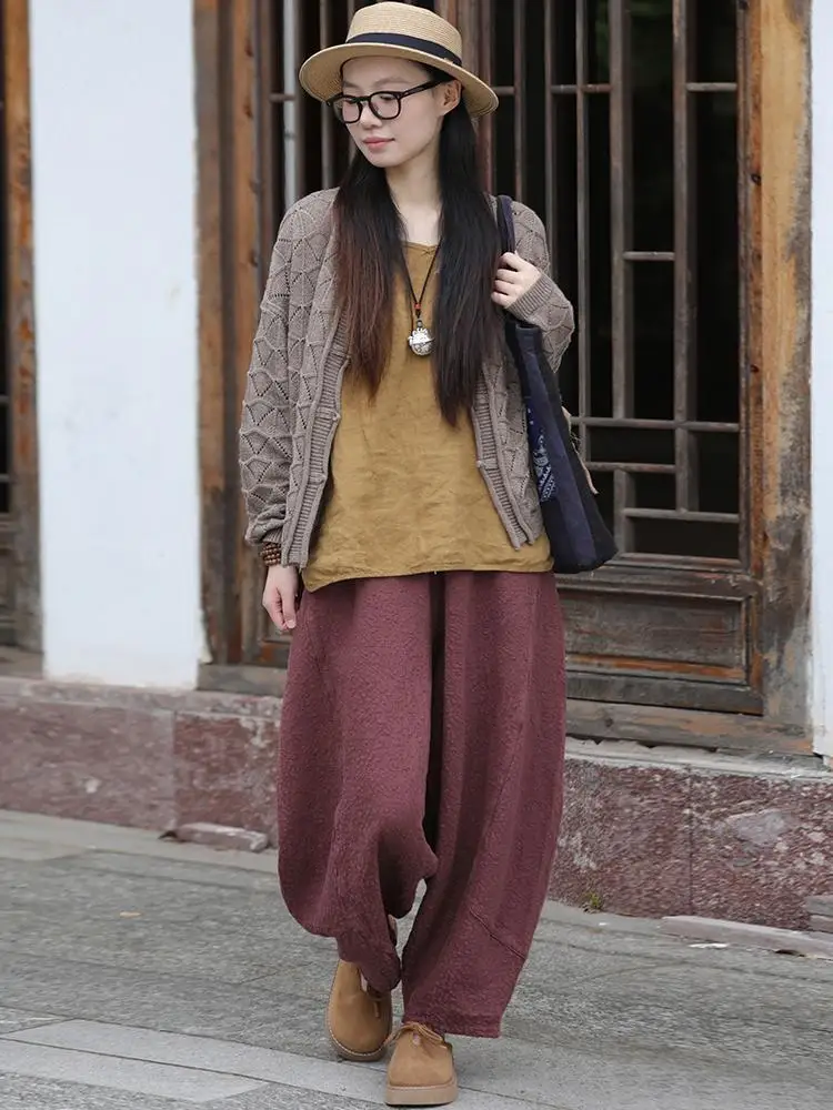 

Retro Cotton Wide Leg Pants Loose Comfortable Casual Thiened Lantern Pants All-Match Elastic Waist Long Pants