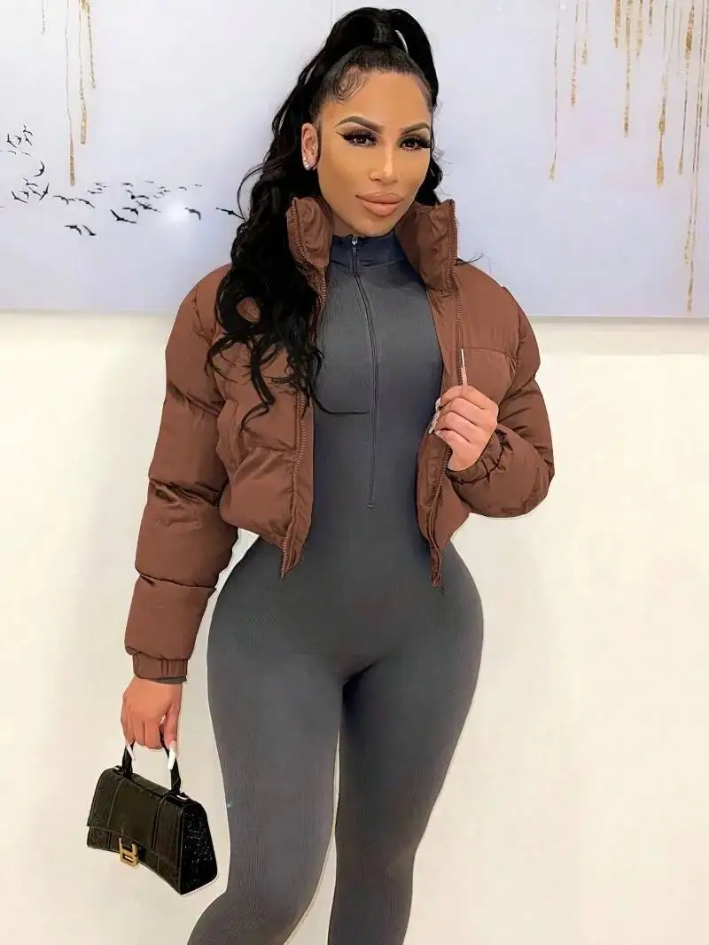Women Solid Parkas Jackets Stand Collar Long Sleeve Zip-Up Thick Warm Quilted Coats Fashion Casual Cotton Padded Outerwear