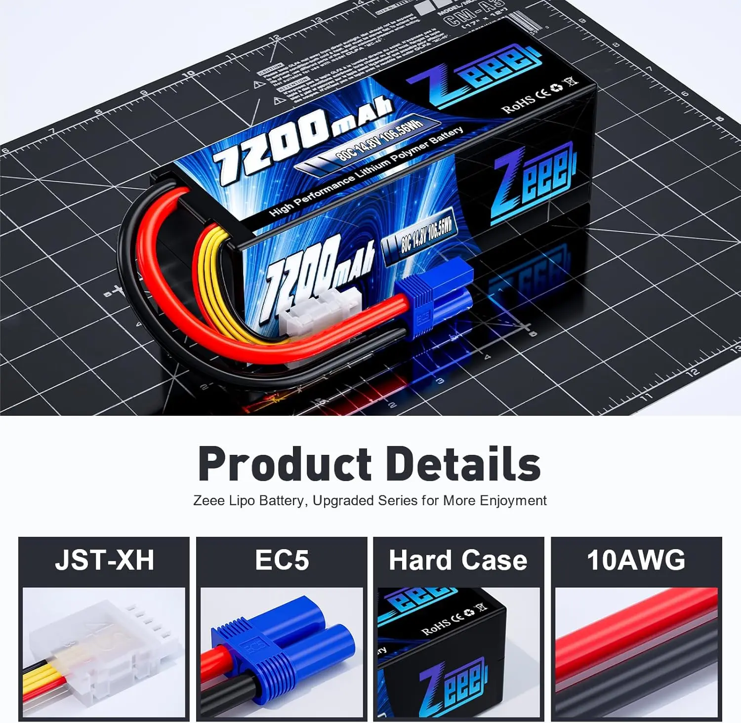 Zeee 4S Lipo Battery 14.8V 80C 7200mAh with EC5 Plug Hardcase for RC Car RC Airplane Boat Helicopter Racing Hobby RC Model Parts